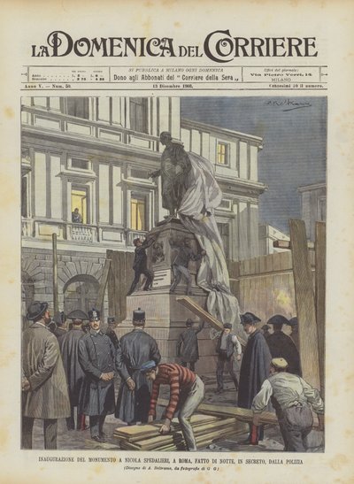 Innvielse av monumentet til Nicola Spedalieri, i Roma, laget om natten, i hemmelighet, av politiet av Achille Beltrame