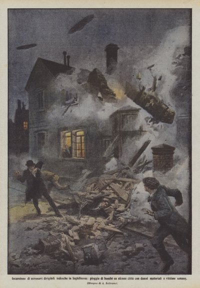 Inntrenging av tyske dirigible luftskip i England, regn av bomber på noen byer med? av Achille Beltrame