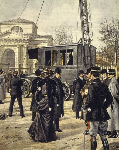 Den italienske fysikeren Guglielmo Marconi deltar på eksperimenter med den første mobilradiostasjonen i Milano 30. desember av Achille Beltrame