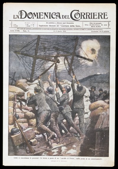 Italienske soldater setter frisisk hest på skyttergrav, tallerken av Achille Beltrame (1871-1945) for Domenica del Corriere, 2.-9. april 1916, første verdenskrig, Italia, 1900-tallet av Achille Beltrame