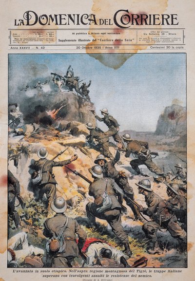 Italienske tropper rykker frem på etiopisk jord, illustrasjon fra La Domenica del Corriere, 20. oktober av Achille Beltrame