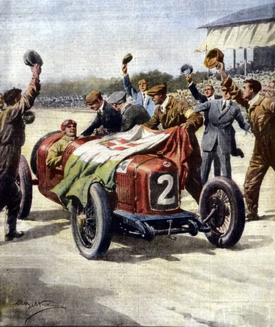 Italiensk seier i 3. European Motor Grand Prix: mekanikerne fra Ascari viser tricolor-flagget på bilen. ill. de Beltrame. "La Domenica del Corriere"". 07/1925. av Achille Beltrame