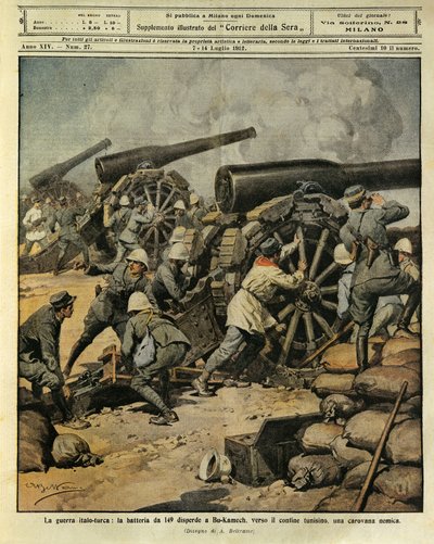 Italo-tyrkisk krig, batteriild fra kanon nr. 149 som dirigerer en fiendtlig karavane ved Bu-Kamek mot den tunisiske grensen, illustratør Achille Beltrame (1871-1945), fra La Domenica del Corriere, 7. juli 1912 av Achille Beltrame