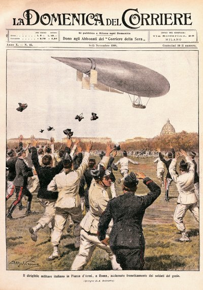 Italia, Milano, fly av luftskip pilotert av Crocco og Ricaldoni i Roma, 31. oktober av Achille Beltrame