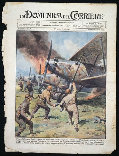 Japansk kommandoangrep på den kinesiske flyplassen Nanchang, plate av Achille Beltrame (1871-1945) fra avisen La Domenica del Corriere, 31. juli av Achille Beltrame