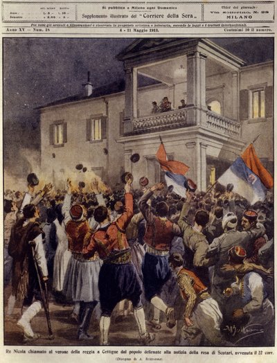 Kong Nicholas I av Montenegro foran en folkemengde i Cettigne etter overgivelsen av byen Shkoder, 4. mai av Achille Beltrame