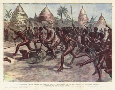 Åpenbaringen av den første sykkelen blant kannibaler, i en landsby i Bangwa (Afrika) av Achille Beltrame