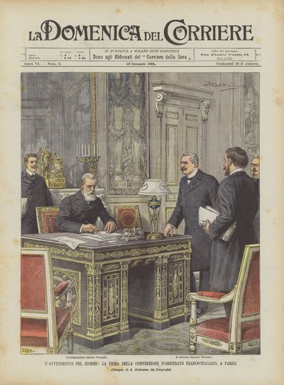 Dagens begivenhet, undertegningen av den fransk-italienske voldgiftskonvensjonen, i Paris av Achille Beltrame