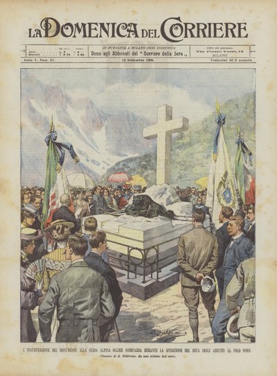Innvielsen av monumentet til fjellguiden Ollier Hvem forsvant under hertugens ekspedisjon? av Achille Beltrame
