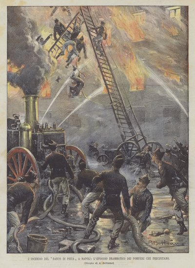 The Fire Of The Banco Di Pieta i Napoli, den dramatiske episoden av The Rushing Firefighters av Achille Beltrame