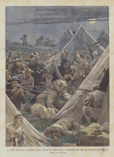 Anglo-Boer-krigen, katastrofalt nattlig angrep på den engelske leiren på Tweefontein For Opera Del? av Achille Beltrame