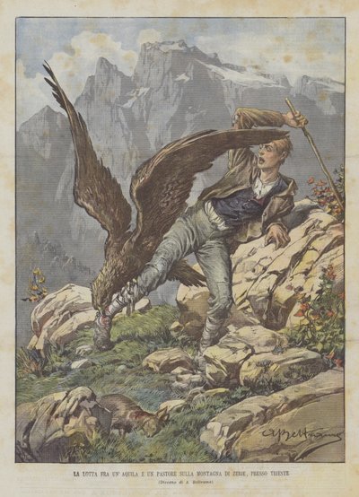 Kampen mellom en ørn og en gjeter på fjellet Zerie, nær Trieste av Achille Beltrame