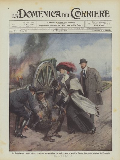Klarer prinsesse Laetitia å redde en bonde som brant med kappene sine i brann langs en? av Achille Beltrame