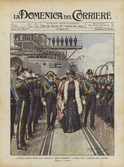 Dronningens mor ombord på slagskipet Regina Margherita i Spezia, for levering av flagget av Achille Beltrame