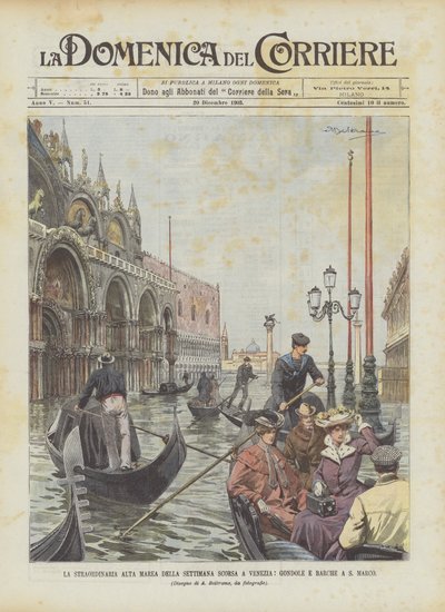 Det ekstraordinære høyvannet fra forrige uke i Venezia, gondoler og båter i S Marco av Achille Beltrame