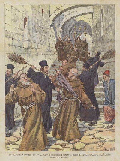 Den tragikomiske baruffaen mellom greske og fransiskanermunker skjedde ved Den hellige grav, i Jerusalem av Achille Beltrame