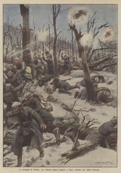 Slaget ved Verdun, et voldelig tysk angrep på Vaux, knust av fransk tapperhet av Achille Beltrame