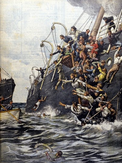 Libanon-katastrofen: passasjerer kaster seg i sjøen etter kollisjonen med en annen rutebåt utenfor kysten av Marseille. Illustrasjon av Beltrame. Domenica del corriere. 1903. av Achille Beltrame