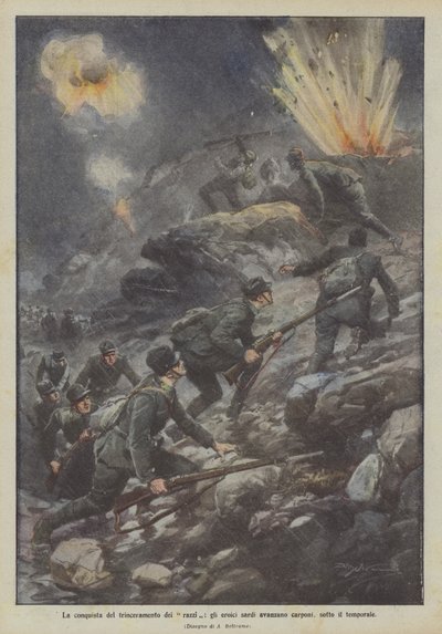 Erobringen av rakettforskansningen rykker de heroiske sardinerne frem på alle fire under stormen av Achille Beltrame
