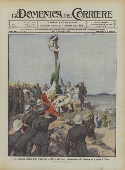 Den italienske erobringen av Tripolitania utvides gradvis, og heiser flagget på spissen av Tagiura av Achille Beltrame