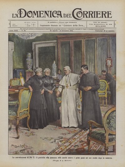 Rekonvalesensen til Pius X, paven i nærvær av søstrene som tar de første skrittene i hans? av Achille Beltrame