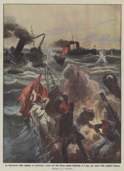 Ødeleggelsen av det tyrkiske våpenlaget i Rødehavet nær Kunfidah på 7 korr? av Achille Beltrame