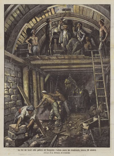 Slutten av arbeidene på Simplon-tunnelen, den siste steinen i den innvendige kledningen (18. oktober) av Achille Beltrame