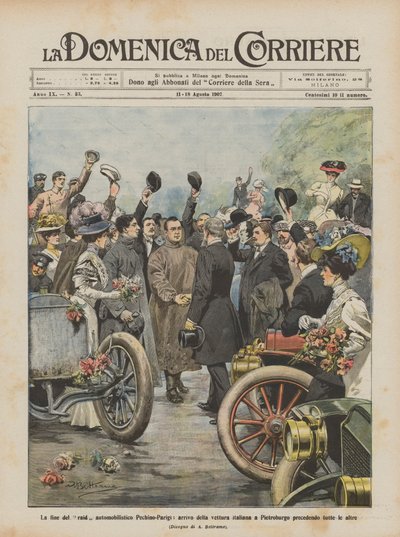 Slutten på Beijing-Paris bilraidet, ankomst av den italienske bilen til Petersburg? av Achille Beltrame