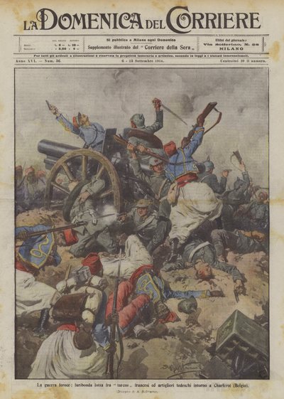 Den voldsomme krigen, rasende kampen mellom franske Turcos og tyske skyttere rundt Charleroi (Belgia) av Achille Beltrame