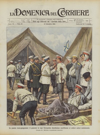 Den russisk-japanske krigen, sjefssjef Kuropatkin deler ut heder til soldater som falt i kamp av Achille Beltrame