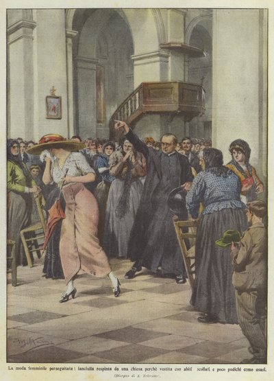 Kvinnemote forfulgt, en jente avvist av en kirke fordi hun er kledd i nedringede kjoler? av Achille Beltrame