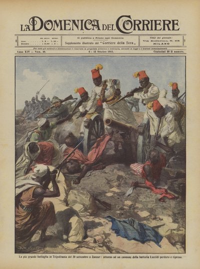 Det største slaget i Tripolitania 20. september i Zanzur, rundt en kanon av? av Achille Beltrame