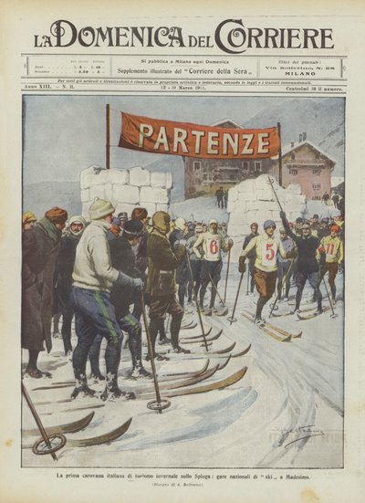Den første italienske vinterturismekaravanen på Spluga, nasjonale skirenn i Madesimo av Achille Beltrame