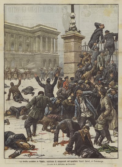 Det folkelige opprøret i Russland, drap på streikende i Vassili Ostrof-distriktet i Petersburg av Achille Beltrame