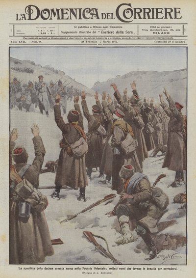 Nederlaget til den russiske 10. armé i Øst-Preussen, russiske soldater løfter armene for å overgi seg av Achille Beltrame