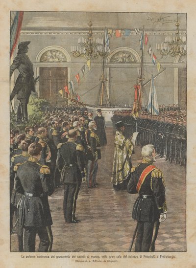 Den høytidelige seremonien for eden til marinekadettene, i den store salen til Peterhoff-palasset, i Petersburg av Achille Beltrame