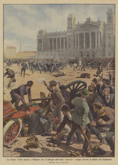 Det tragiske arbeideropprøret i Budapest for allmenn stemmerett, barrikader og blod i vente? av Achille Beltrame