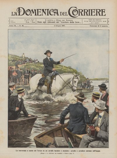 Svømmekrysset av Tiberen til en hest, hest og rytter med seletøy og ridning kommer inn i vannet av Achille Beltrame
