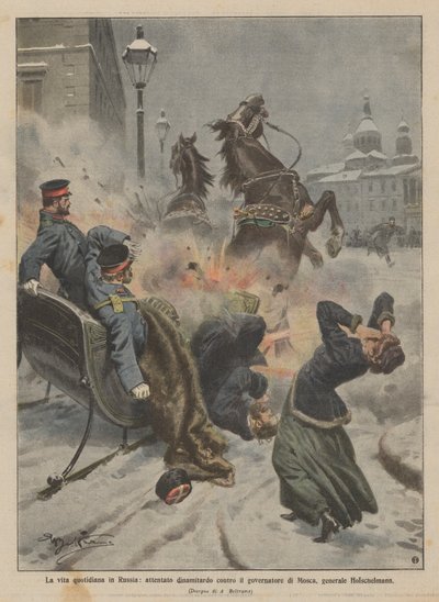 Daglig liv i Russland, bombeangrep mot guvernøren i Moskva, general Holschelmann av Achille Beltrame