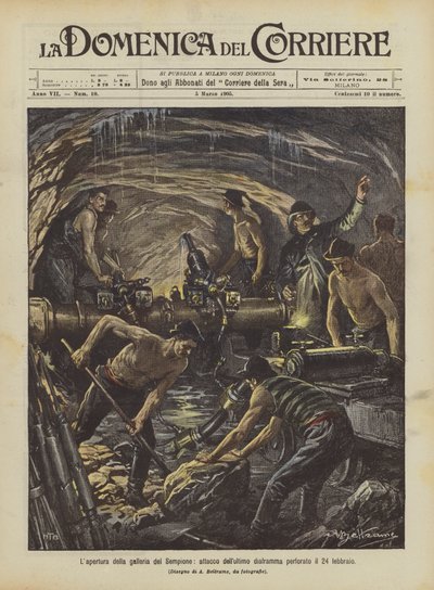 Åpningen av Simplon-tunnelen, angrep på den siste perforerte diafragmaen 24. februar av Achille Beltrame