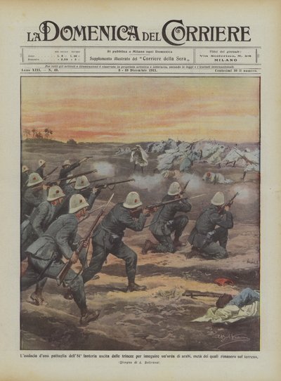 Frekkheten til en 84. infanteripatrulje som kom ut av skyttergravene for å jage en horde arabere? av Achille Beltrame