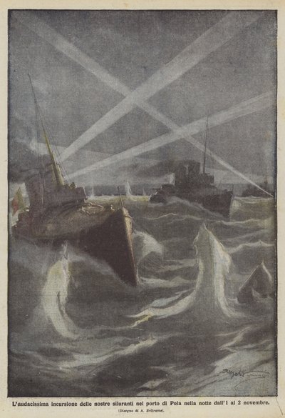 Laudacissima inntrenging av våre torpedoer i havnen i Pula om natten fra 1. til 2. november av Achille Beltrame
