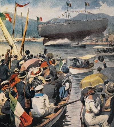 Lansering av slagskipet Andrea Doria fra Arsenale i La Spezia, panel av Achille Beltrame (1871-1945), La Domenica del Corriere, 6. april av Achille Beltrame