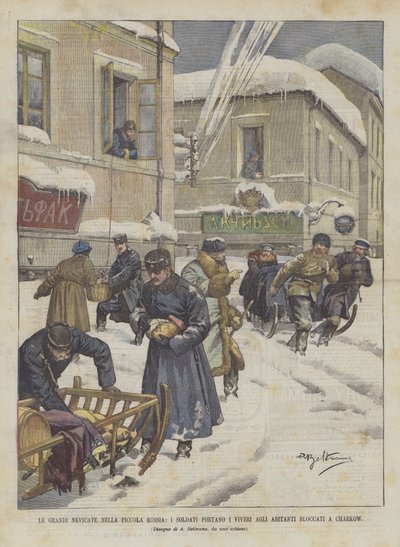 Stort snøfall i Lille Russland, soldater bringer mat til innbyggere som sitter fast i Kharkow av Achille Beltrame