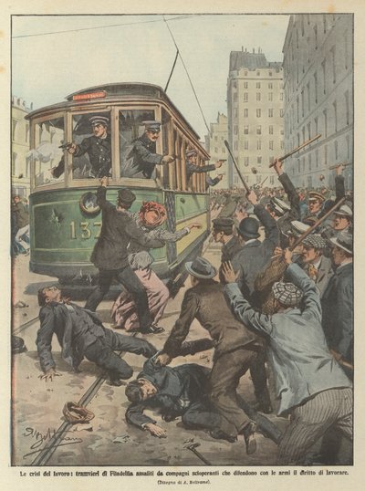 Arbeidskriser, trikkesjåfører i Philadelphia angrepet av medstreikende som forsvarer seg med? av Achille Beltrame