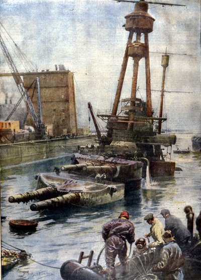 Det tyske slagskipet Hindenburg, senket ved Scapa Flow i Skottland, kom tilbake til overflaten takket være den engelske flåten etter 7 år tilbrakt på bunnen av havene. Illustrasjon av Beltrame. The Domenica of the corriere av Achille Beltrame