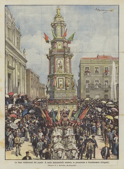 Folkets tradisjonelle festivaler, den monumentale vognen båret i prosesjon til Casteltermini (Girgenti) av Achille Beltrame