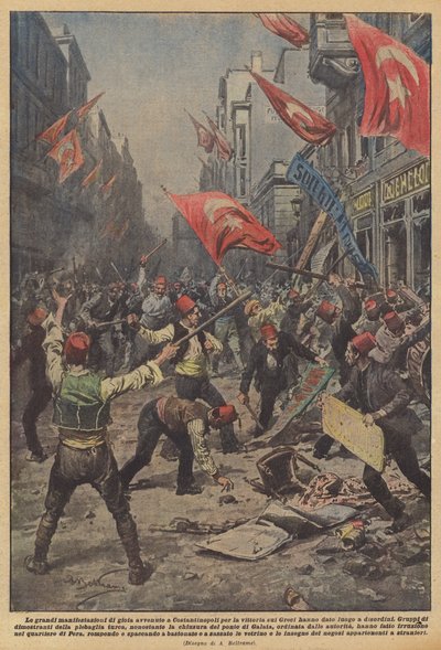 De store gledesmanifestasjonene som fant sted i Konstantinopel over seieren over grekerne ga opphav til uro av Achille Beltrame
