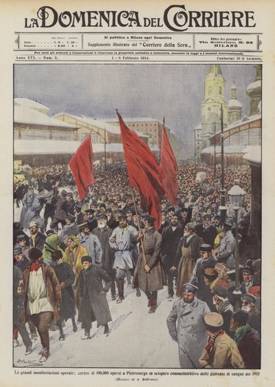 De store arbeiderdemonstrasjonene, en prosesjon av 100 000 arbeidere i Petersburg i minnestreik? av Achille Beltrame