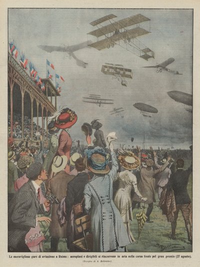 De fantastiske flykappløpene i Reims, fly og luftskip jager hverandre i luften i? av Achille Beltrame